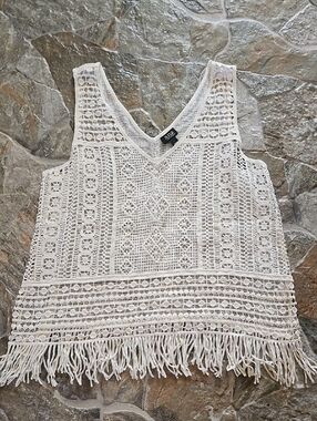 a.n.a White Crochet Fringe V-Neck Tank Top